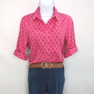 Size 4 (XS) Lands' End Pink Clover-Patterned Cotton Popover Collared Shirt